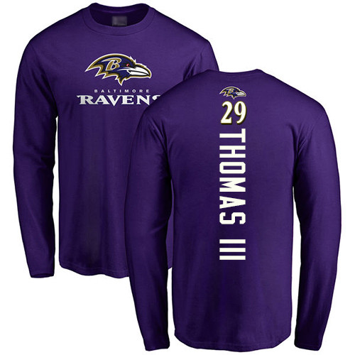 Men Baltimore Ravens Purple Earl Thomas III Backer NFL Football #29 Long Sleeve T Shirt->nfl t-shirts->Sports Accessory